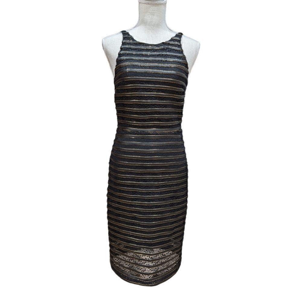 Parker Black & Gold BodyCon Form Fitting Midi Dress Size S